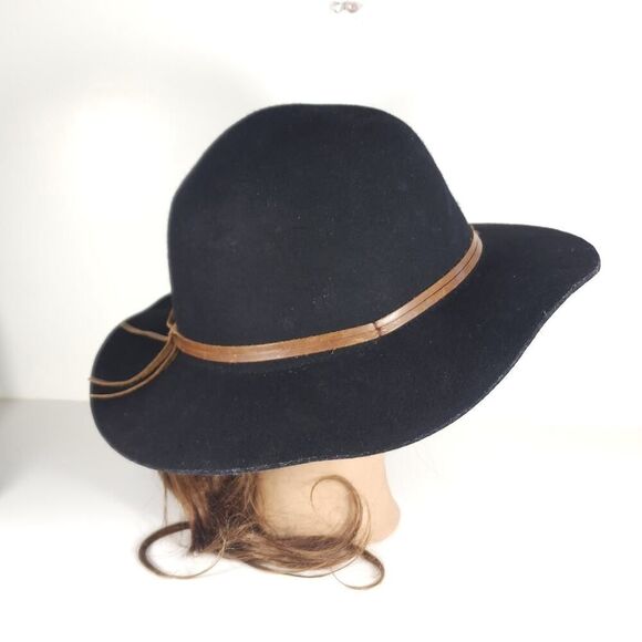 Frye Women's Size Medium /Large Black Wool Felt Brown belt Fedora Hat - Picture 2 of 13